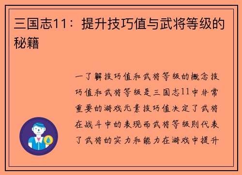 三国志11：提升技巧值与武将等级的秘籍